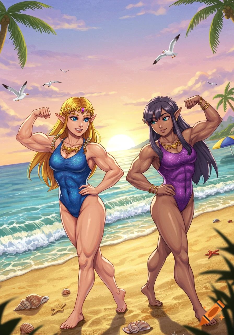 Muscular Princess Zelda and Princess Hilda in swimsuits flexing at a beach during sunset, in an anime style.