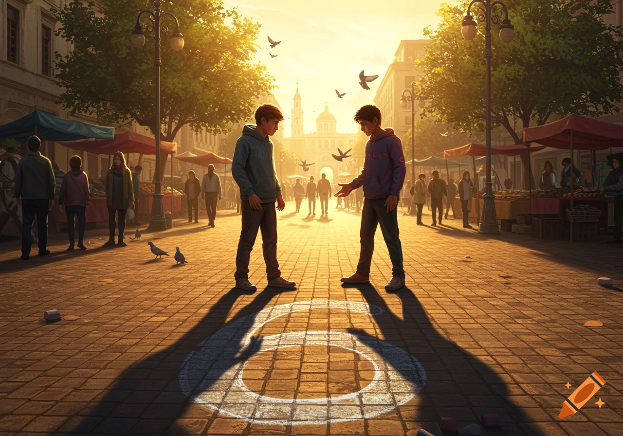 Two boys argue over a number 6 drawn on the ground in a sunlit market street, with people and stalls in the background.