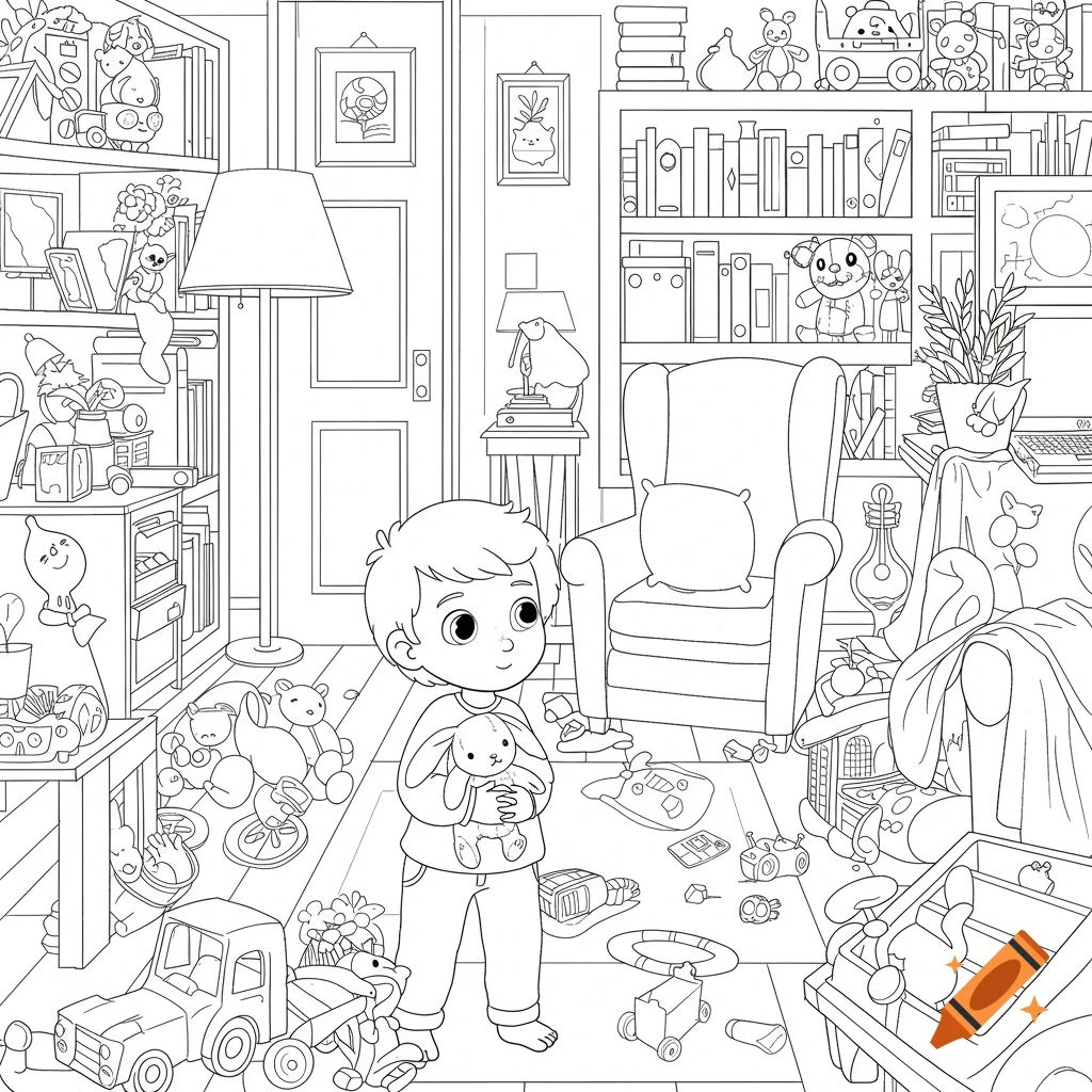 An outline drawing of a boy holding a small bunny, standing in a very cluttered living room filled with toys, books, and furniture.