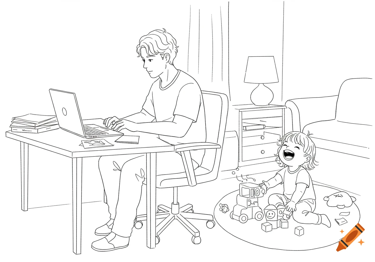A man works on a laptop at a desk, while a child plays with blocks on the floor, in a coloring book style sketch.