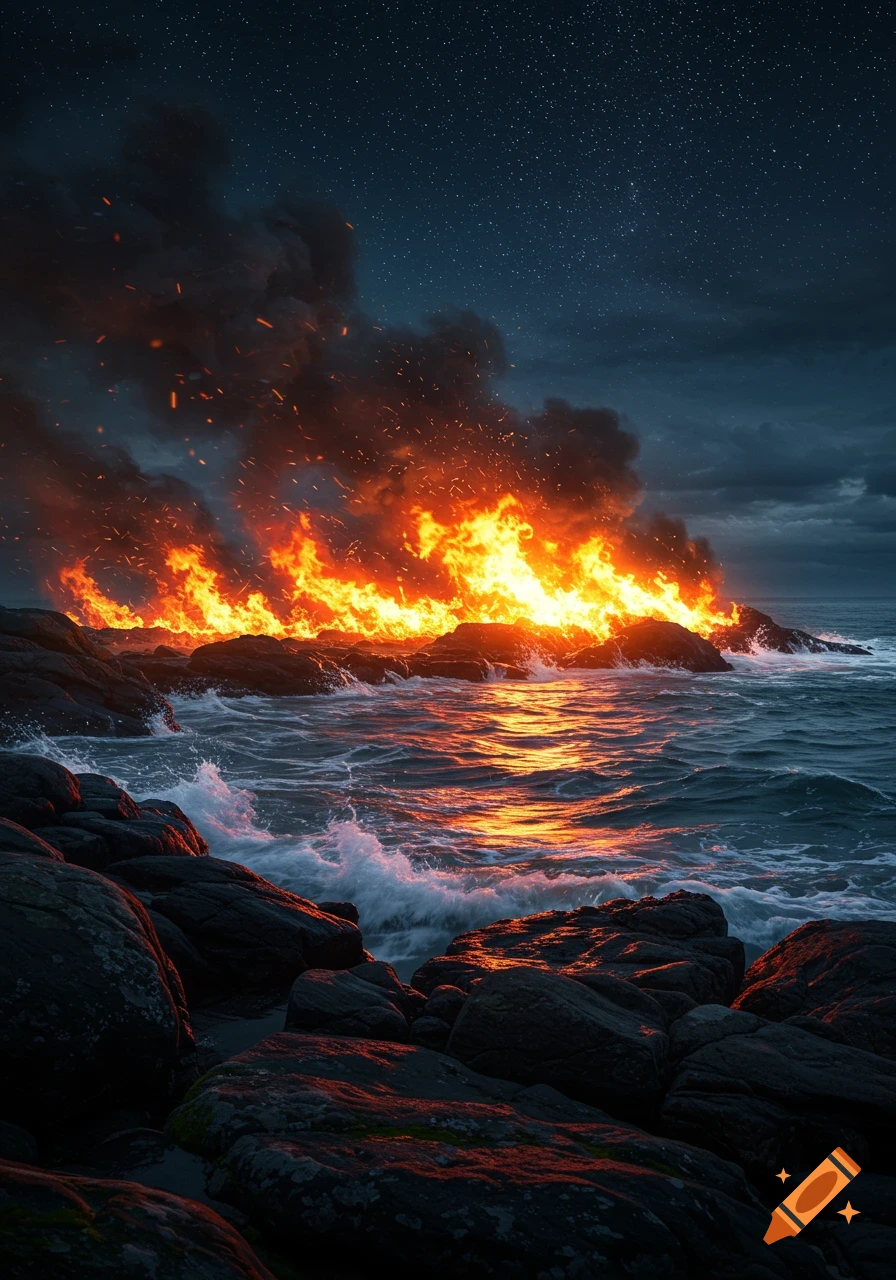 A large fire burns on a rocky coastline at night, with crashing waves reflecting the flames and stars in the dark sky.