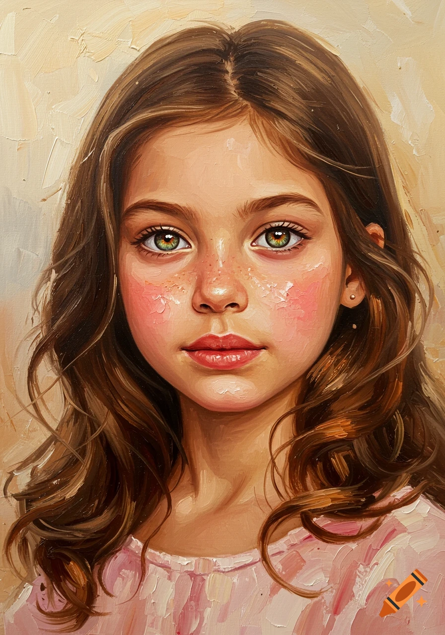 Oil painting portrait of a young girl with brown hair and green eyes, with visible brushstrokes.
