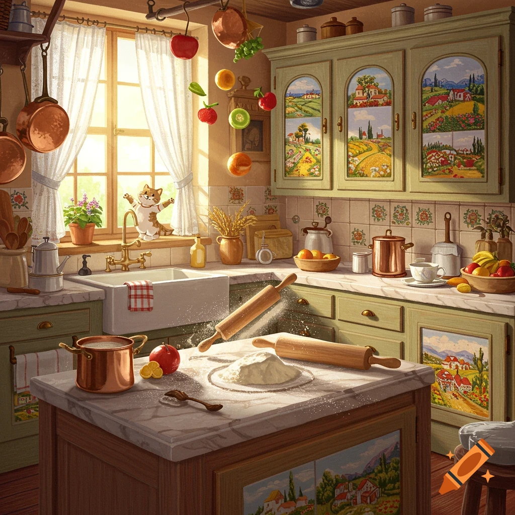 Whimsical animated kitchen with a playful cat on the windowsill, sunlight, floating fruit, and baking items on a counter.