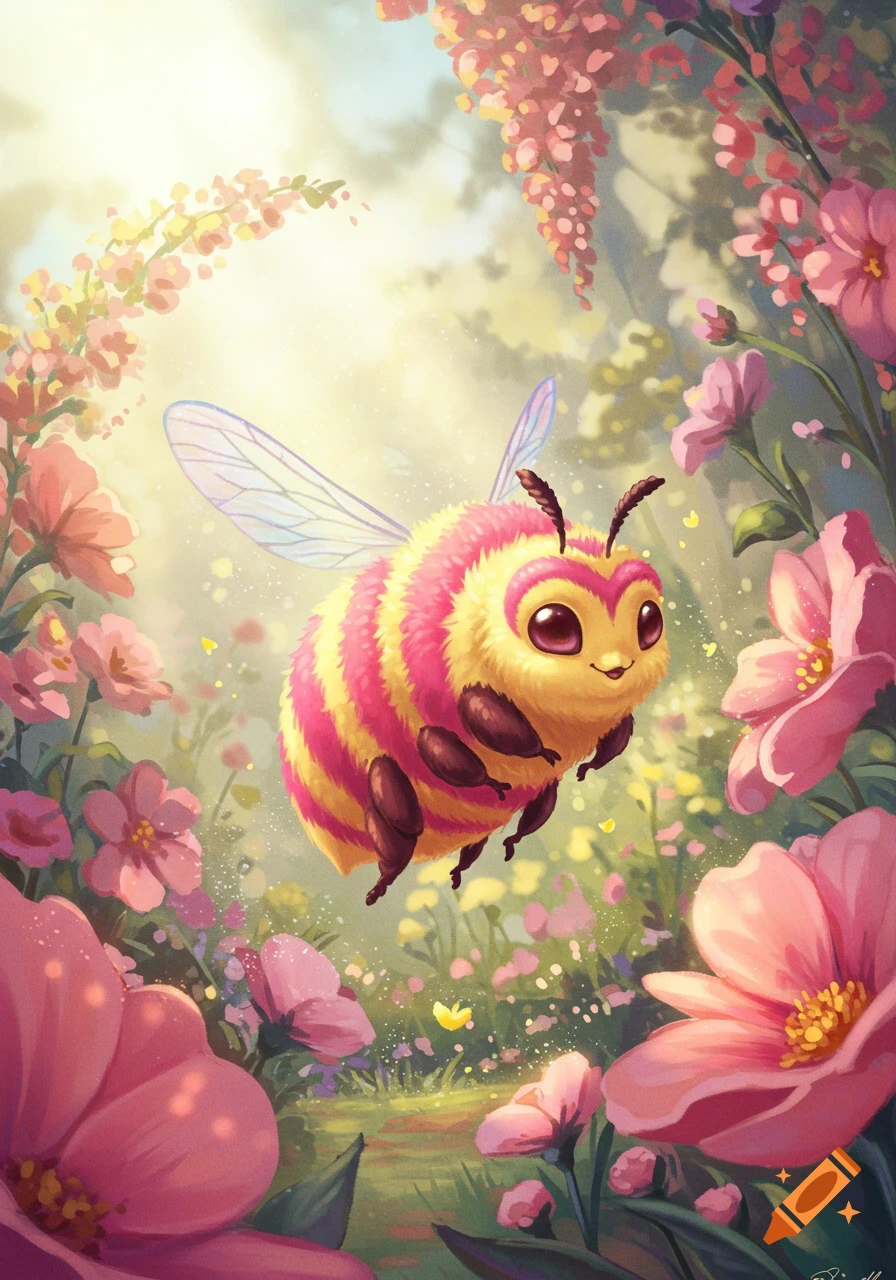 A cute, fuzzy pink and yellow striped bee with large eyes flies through a bright, sunlit garden filled with pink and yellow flowers.