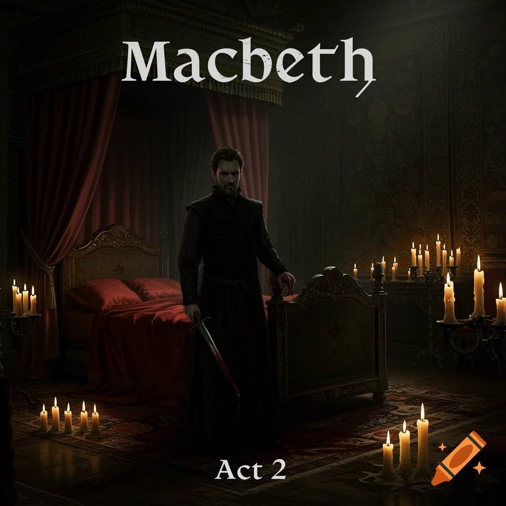 A dark illustration of Macbeth in a candlelit bedroom holding a bloody dagger, with 'Macbeth' and 'Act 2' text.