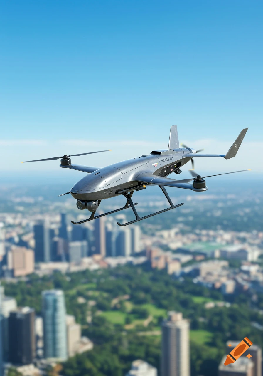 A gray drone with propellers and landing skids flies over a blurred city skyline under a clear blue sky.