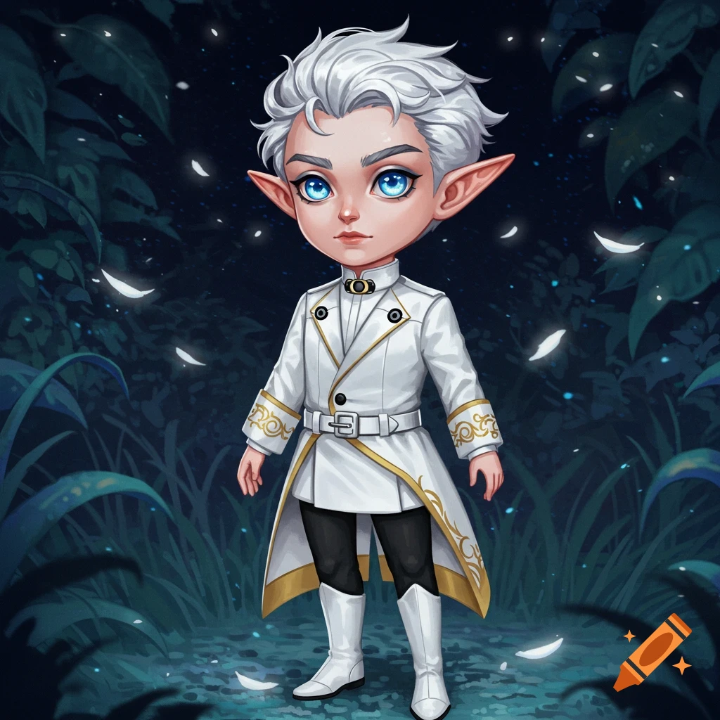 A stylized male elf with silver hair, blue eyes, and pointed ears, wearing a white and gold military-style coat, black tights, and white boots, stands in a dark forest with glowing plants.