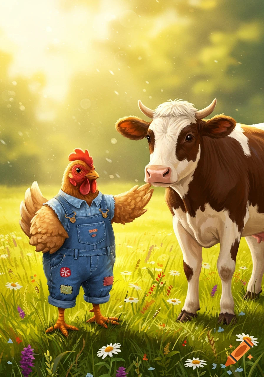 A cartoon chicken in blue denim overalls stands in a sunny field of flowers, looking at a brown and white cow.