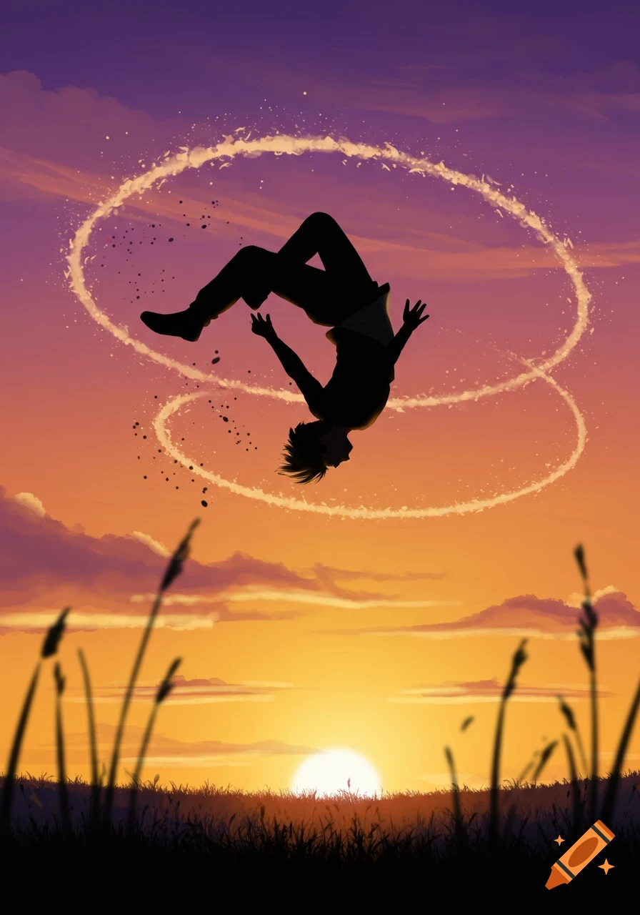 A silhouette of a person doing a backflip against a vibrant orange and purple sunset sky, with grass in the foreground.