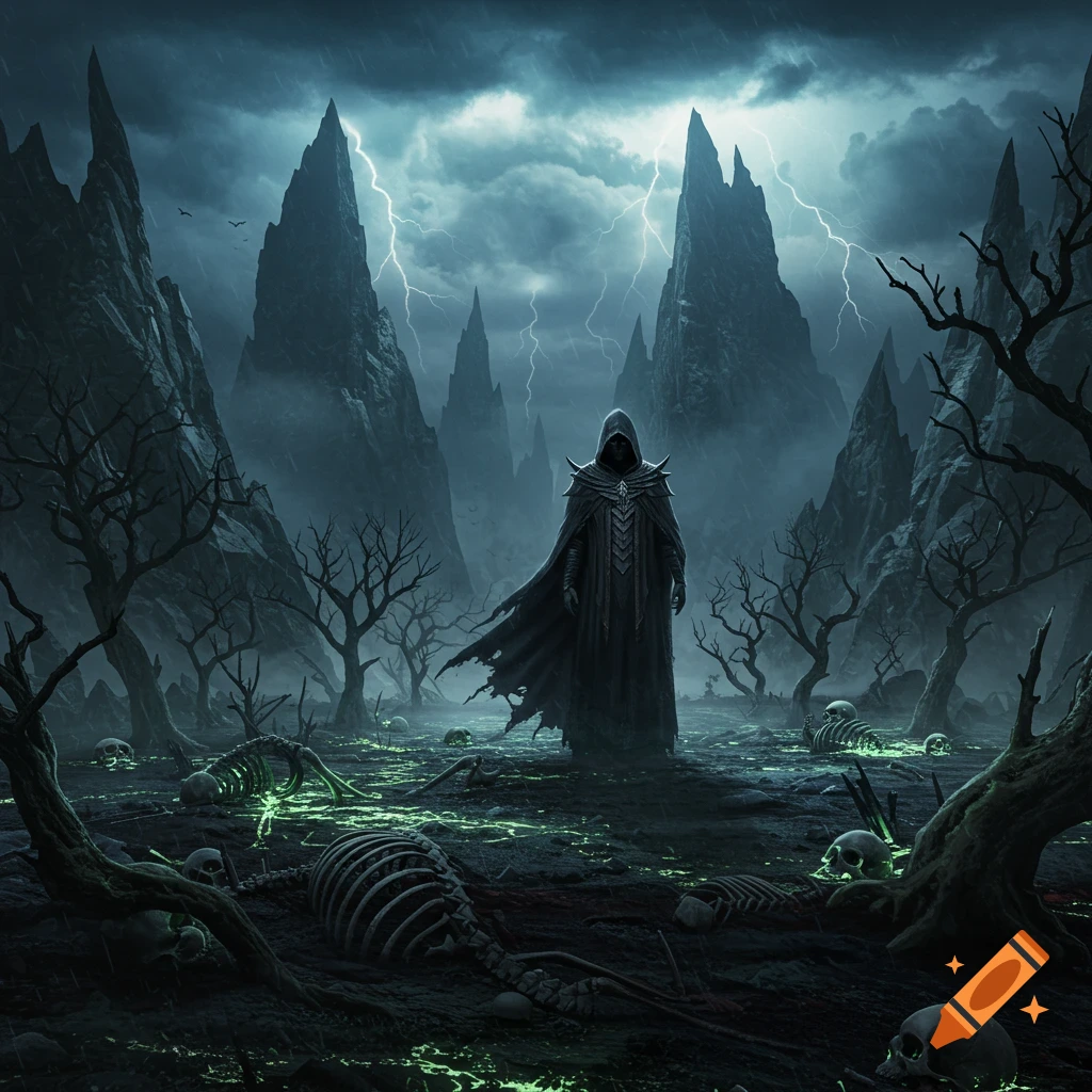 A dark cloaked figure in a desolate fantasy landscape with jagged mountains, dead trees, glowing skeletal remains, and lightning.