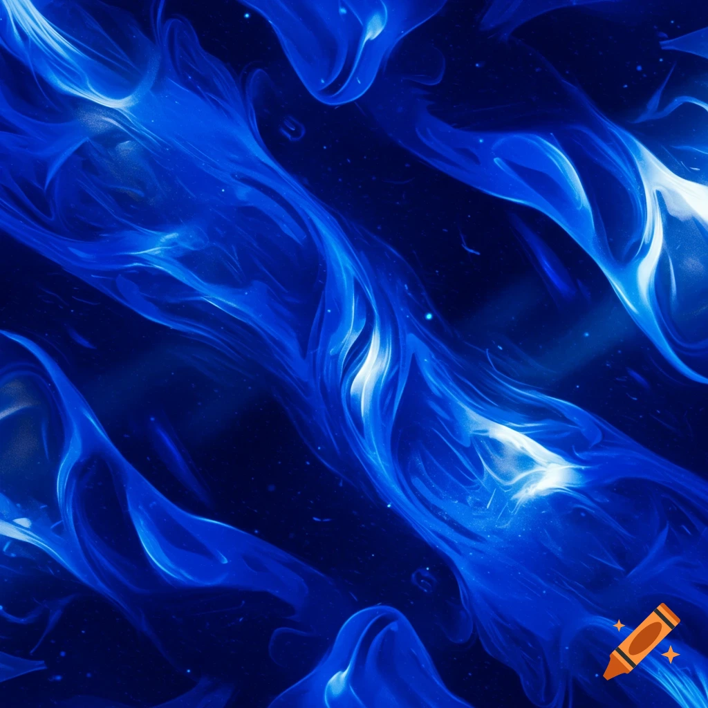 Abstract blue and white fluid-like swirling forms on a dark background, with glowing highlights and small specks.
