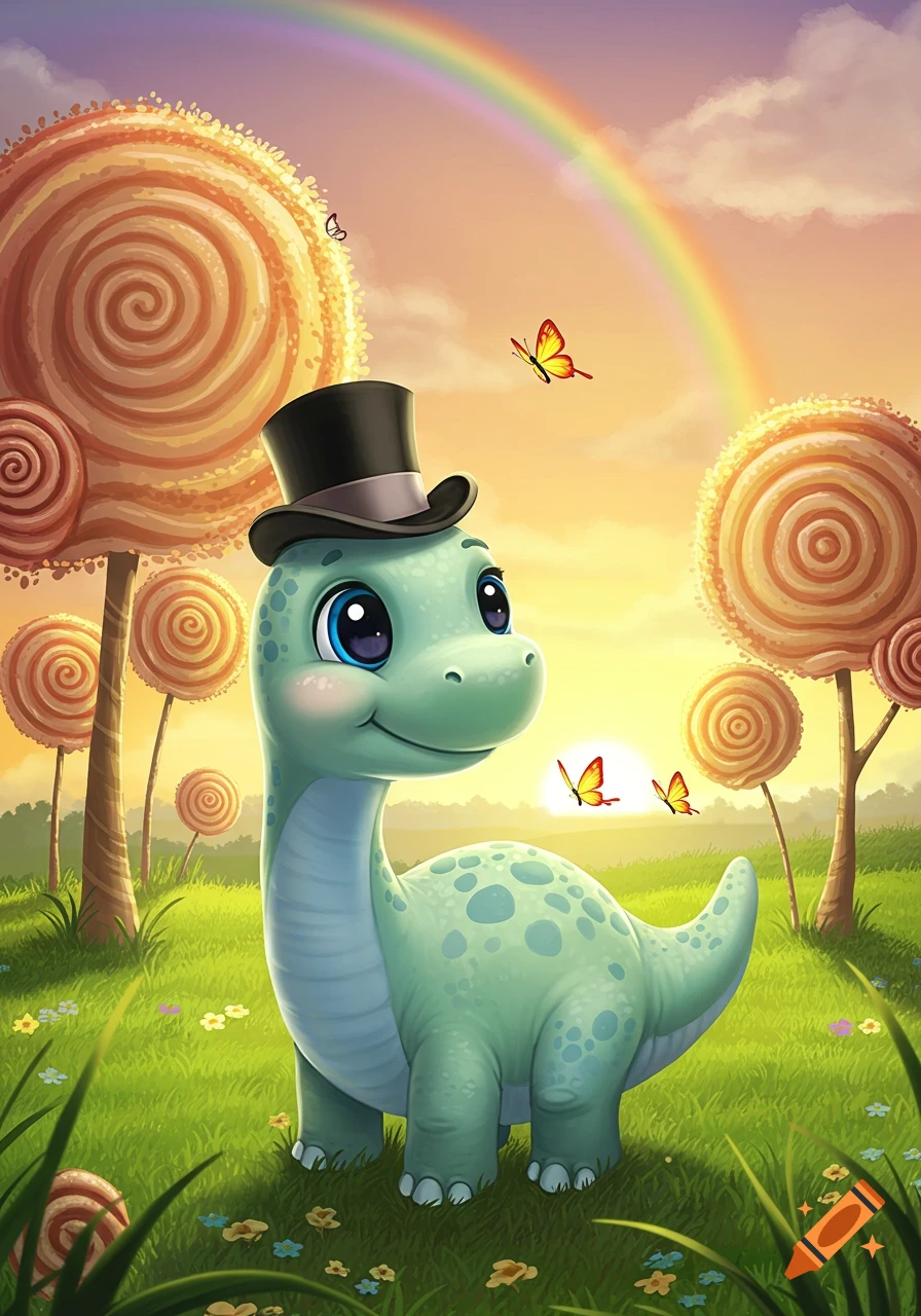 A cute, cartoon green dinosaur wearing a top hat stands in a whimsical field with lollipop trees, butterflies, and a rainbow at sunset.