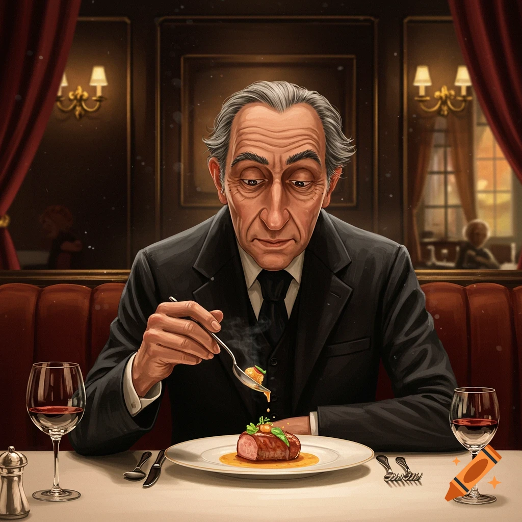 Stylized illustration of an old man in a suit carefully inspecting a gourmet meal with a spoon in an elegant restaurant.