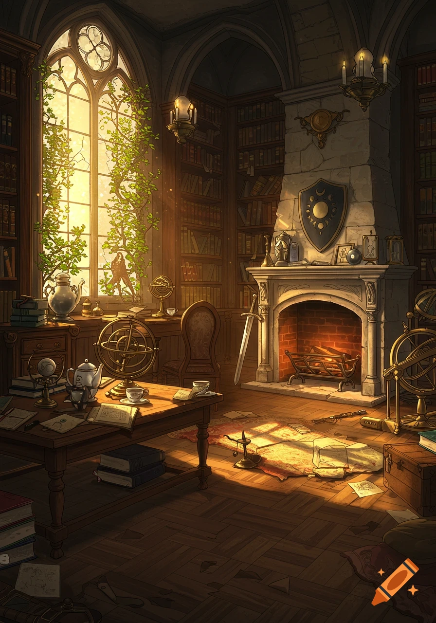 A sunlit, old-world library with tall bookshelves, a large window with vines, a fireplace with a sword, and an old wooden table filled with astronomer's tools and tea set, in a Studio Ghibli style.