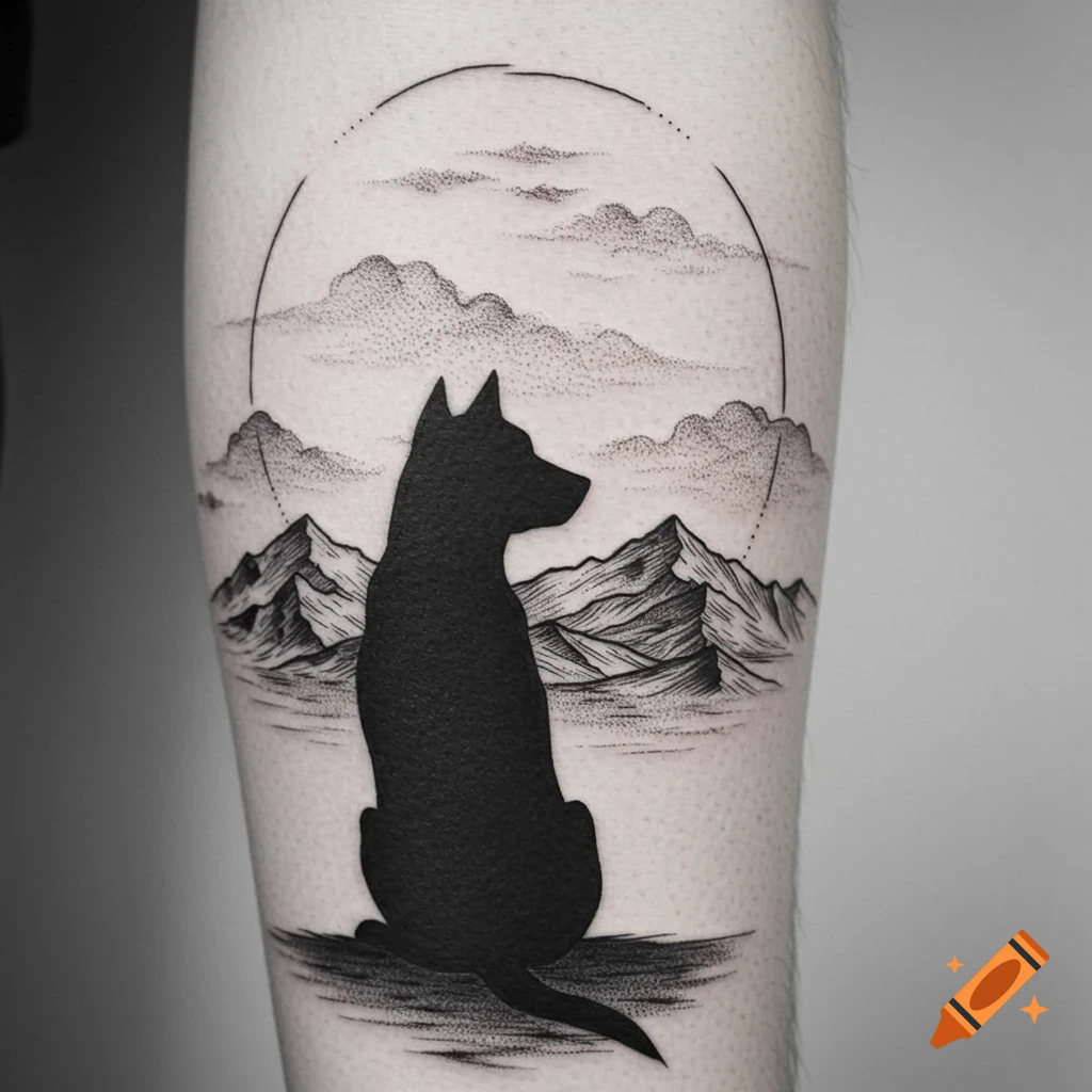 Black and white tattoo of a dog silhouette overlooking dotted mountains under a circular outline.