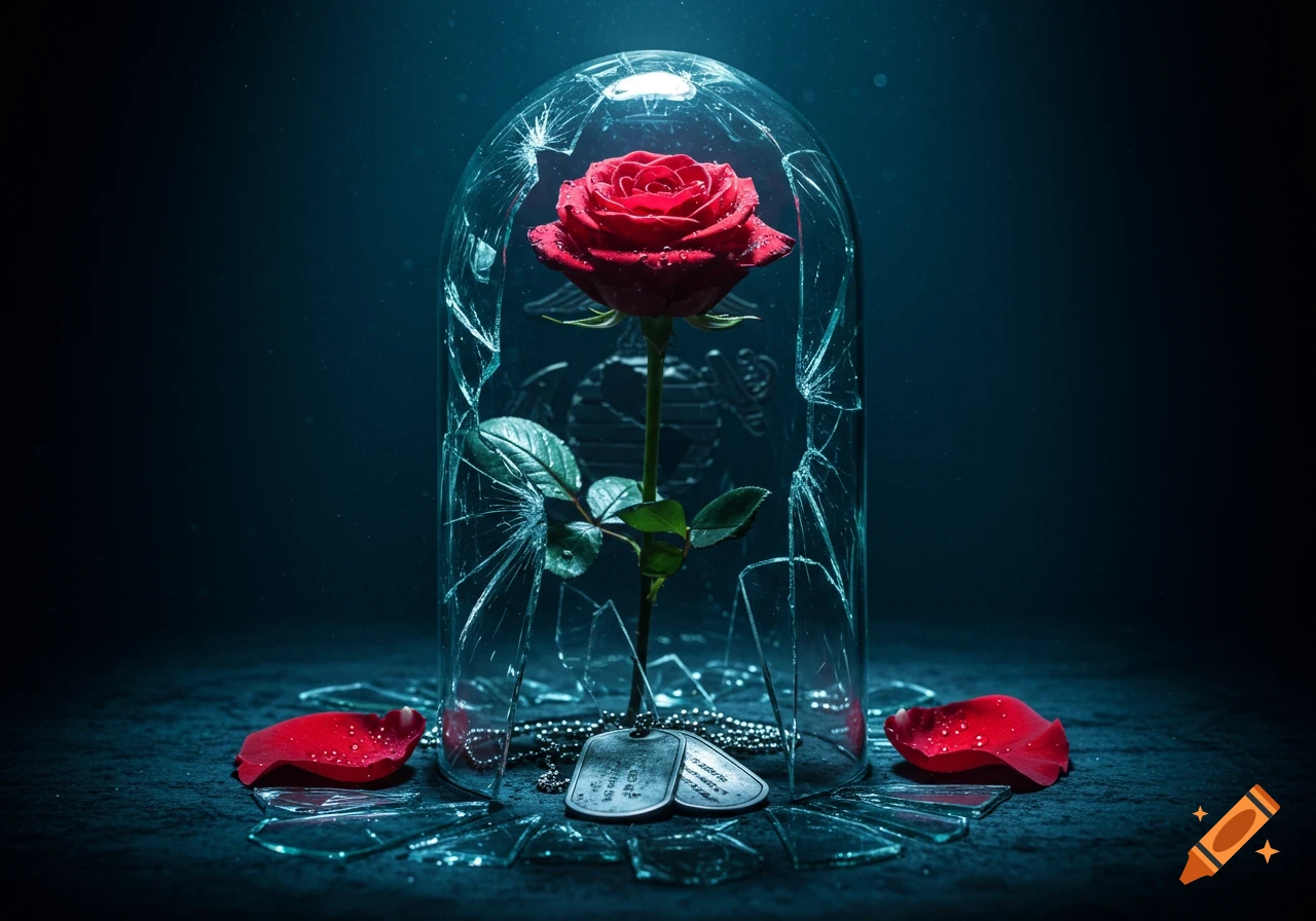 A vibrant red rose in a shattered glass bell jar, surrounded by broken glass and military dog tags on a dark surface.