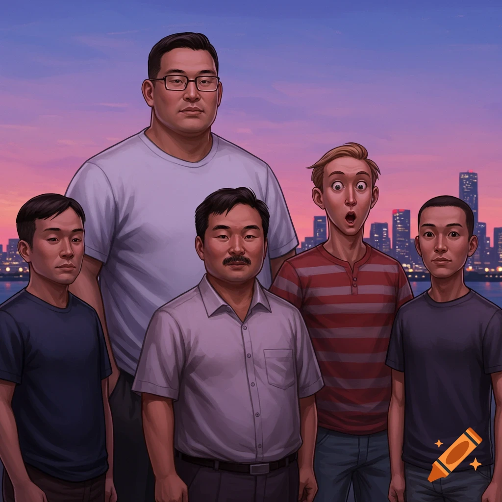Illustration of five men of various builds and ethnicities standing in front of a city skyline at sunset.