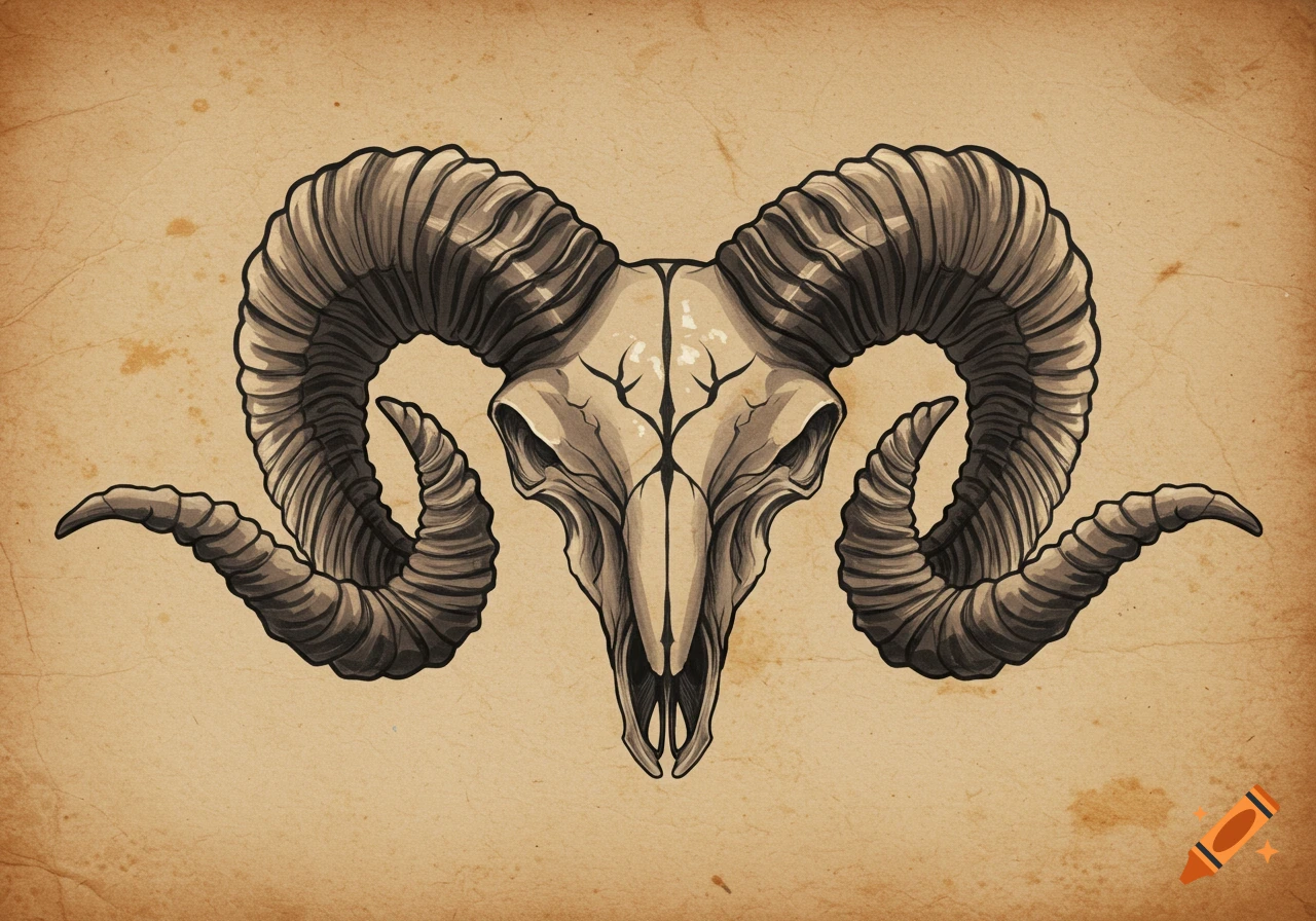 A stylized illustration of a ram skull with large, curled horns, set against a vintage, textured paper background.