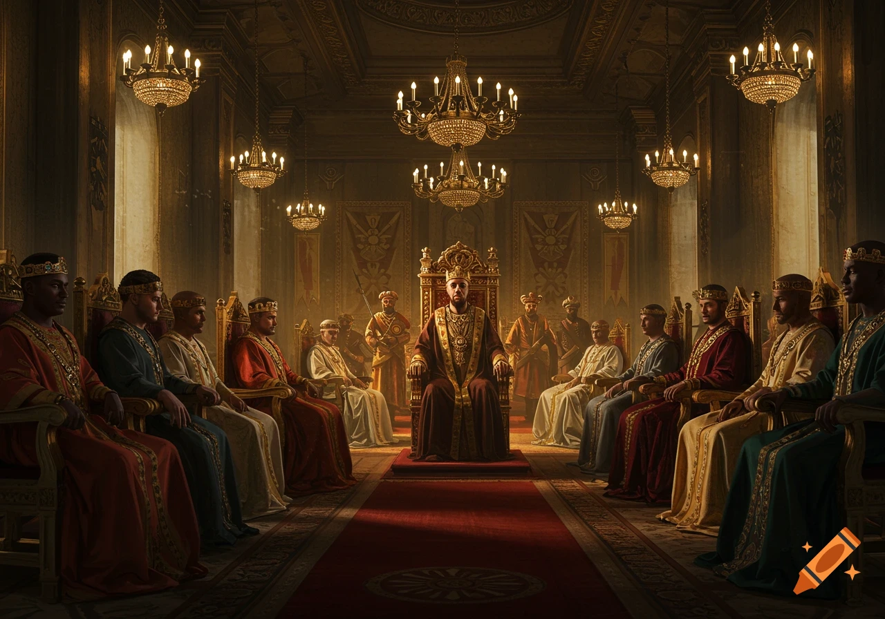 A king on a throne in a grand hall, surrounded by seated nobles in ornate robes under large chandeliers.