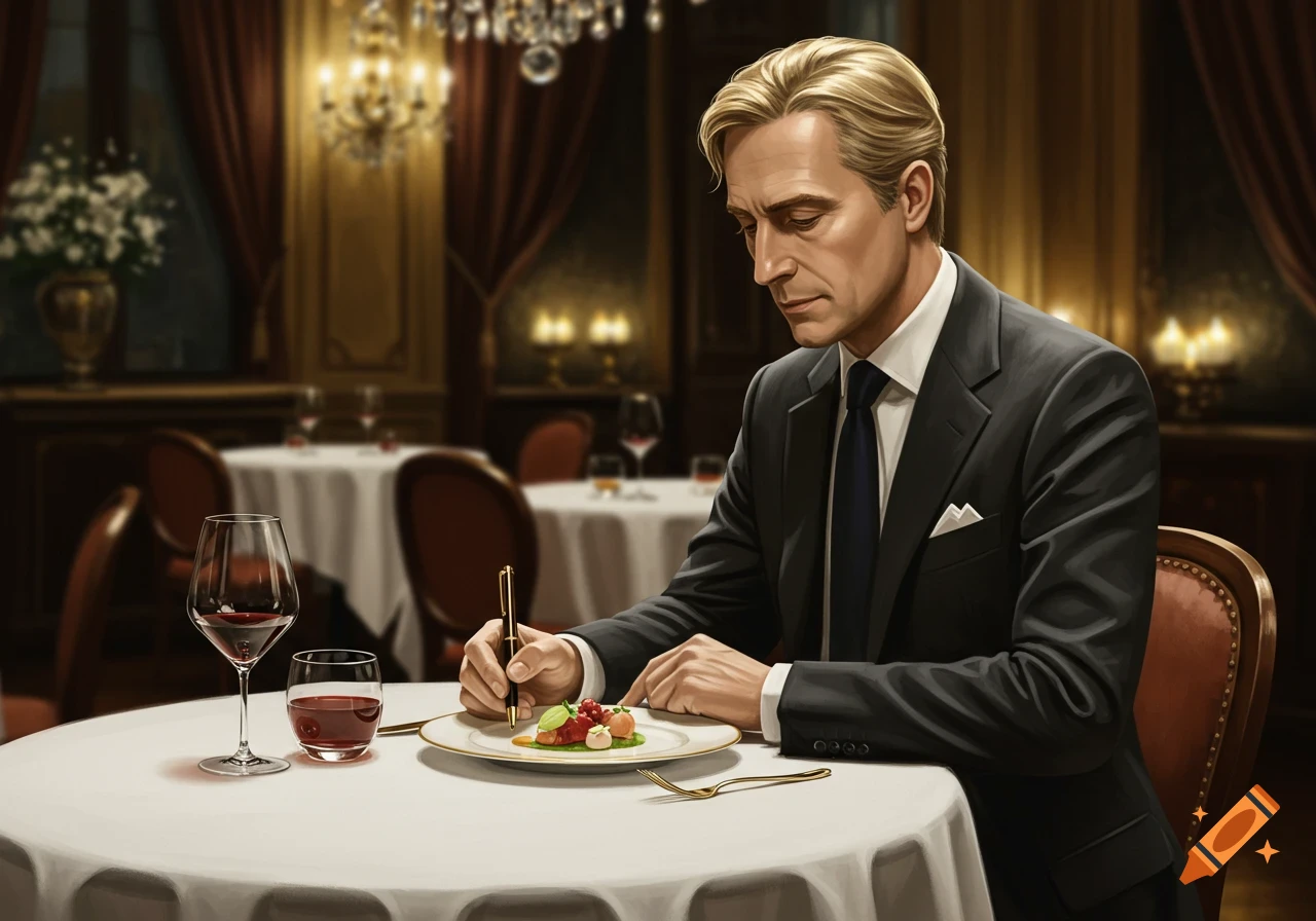 A blond man in a suit sits at a restaurant table, writing on a plate with a pen, next to red wine glasses.
