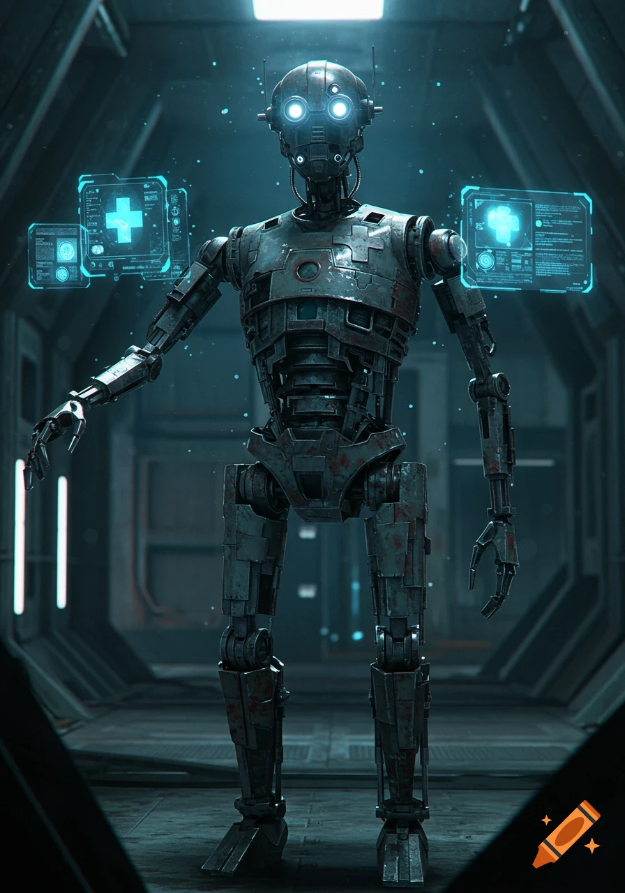 A weathered, scrapped-together medical droid with glowing eyes stands in a dark futuristic corridor, surrounded by floating blue holographic screens.