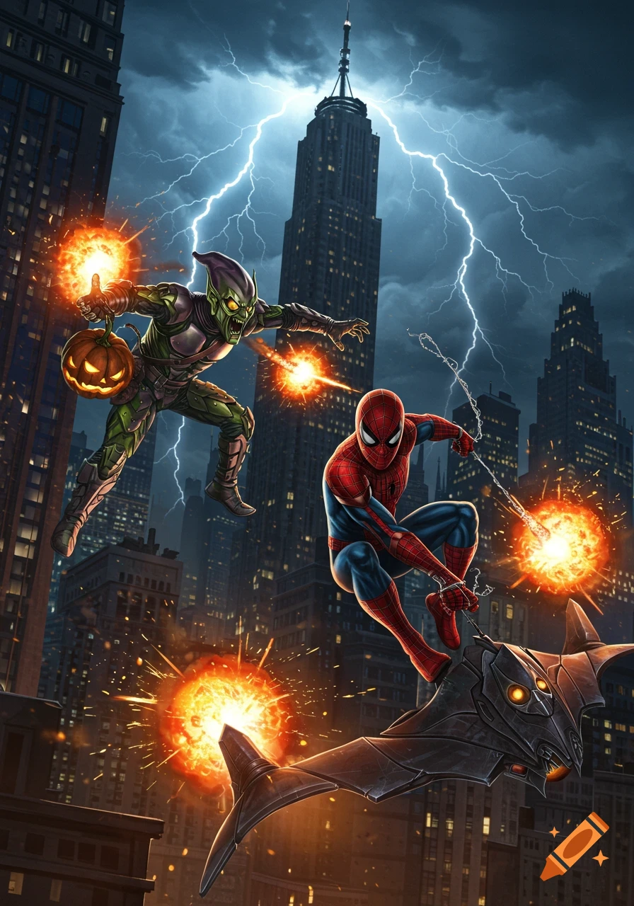 Spider-Man and Green Goblin battle in a dramatic comic book style, with lightning striking city skyscrapers.