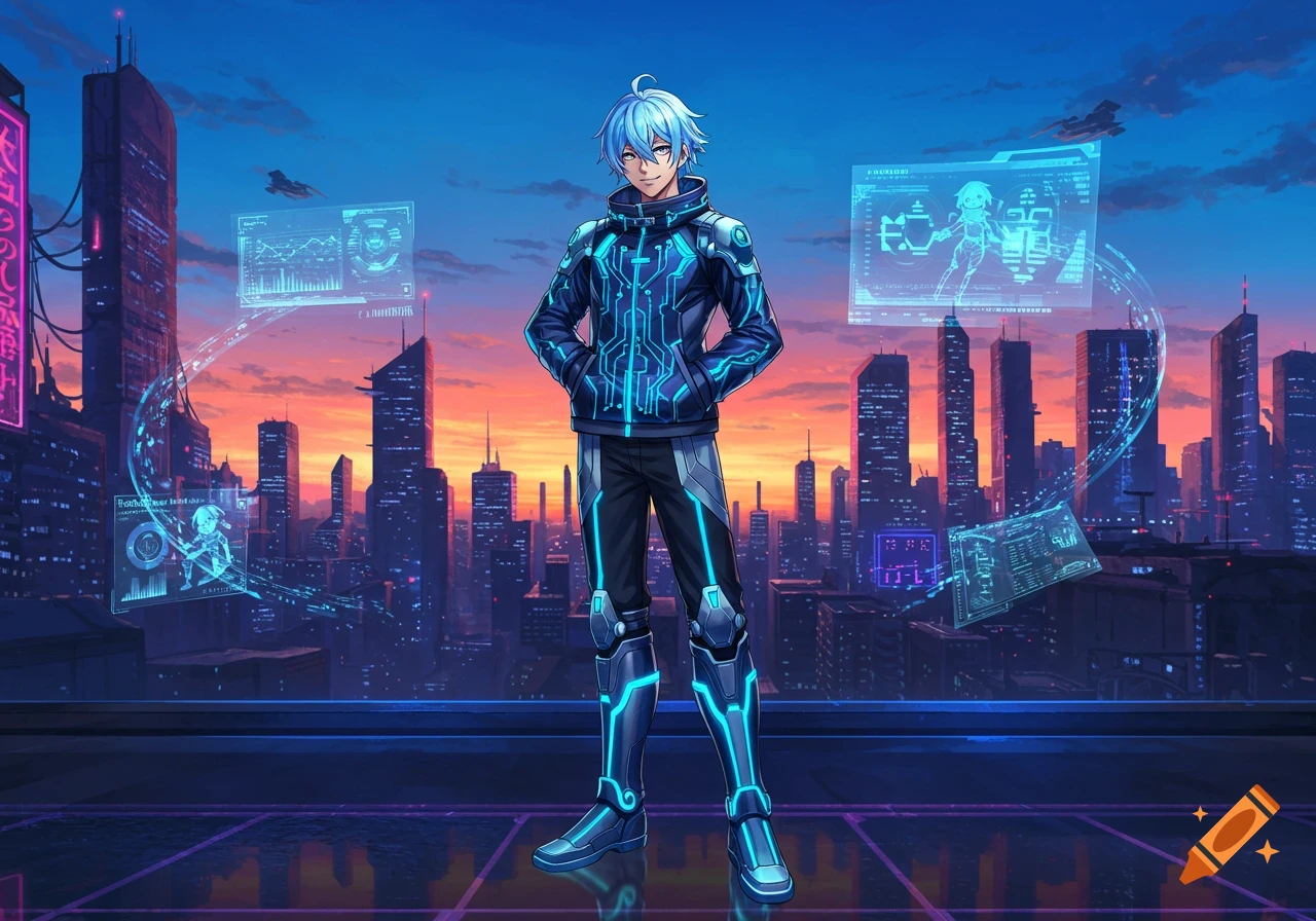 An anime male character with light blue hair and glowing blue circuit clothing stands on a futuristic city rooftop at sunset, surrounded by holographic screens.