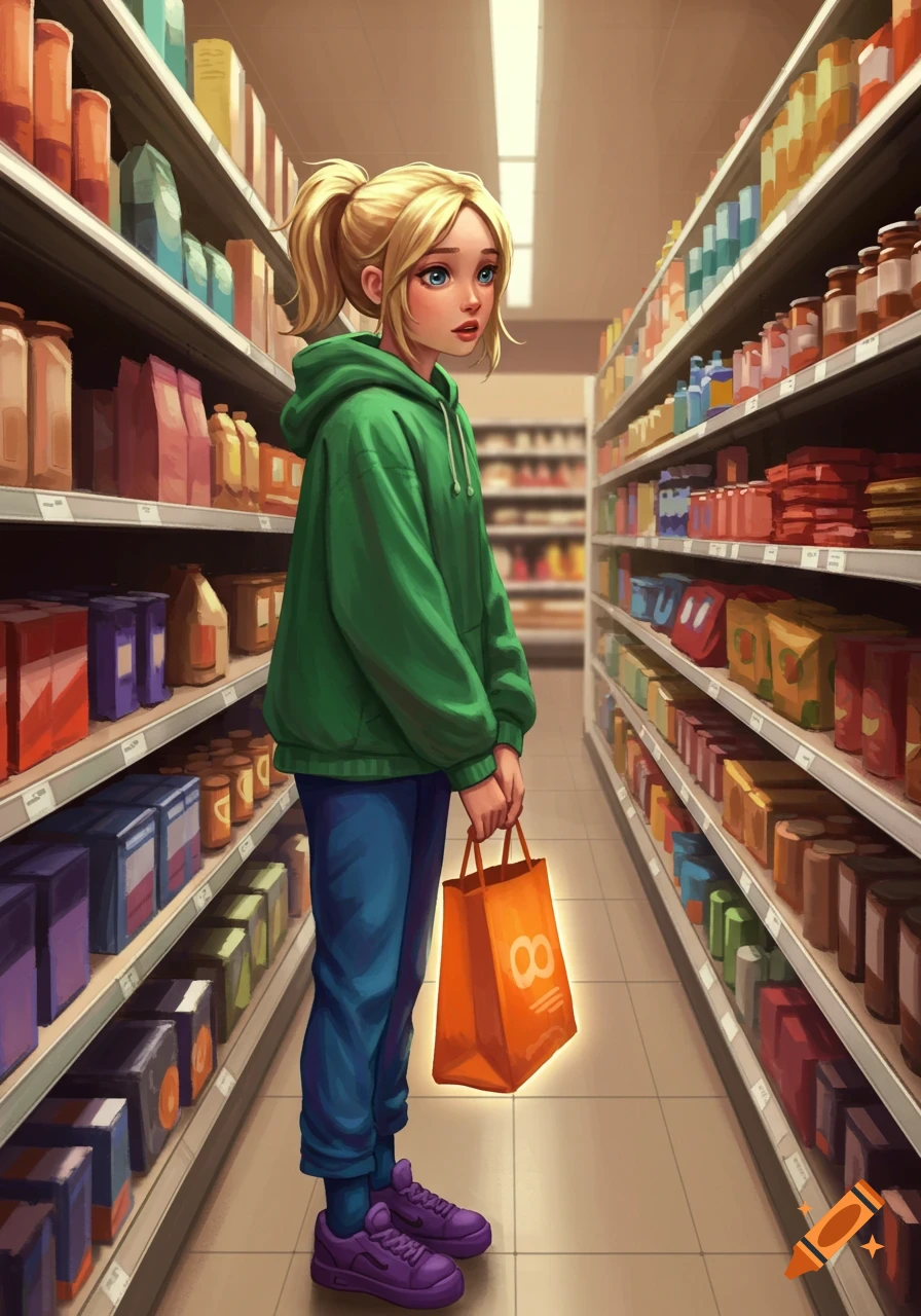 Blonde woman with ponytail in a green hoodie, blue pants, and purple shoes, holding an orange shopping bag in a supermarket aisle.