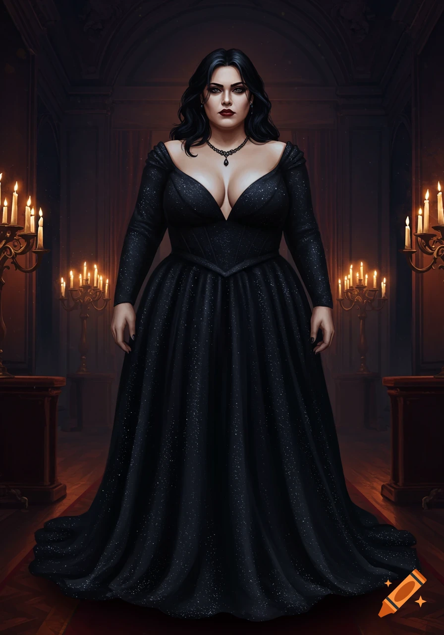 A plus-size woman with dark hair and makeup wears a sparkling black gown in a dimly lit, grand hall with candelabras.