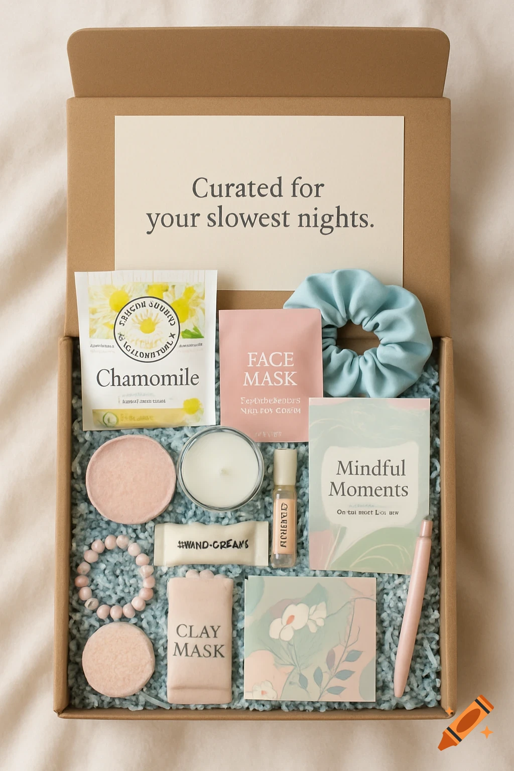A top-down view of an open kraft gift box filled with self-care items on blue shredded paper, with the lid reading 'Curated for your slowest nights'.