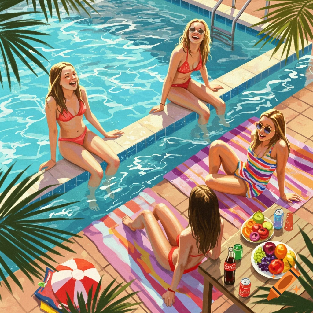 Vibrant illustration of four young women relaxing by a swimming pool on a sunny summer day.