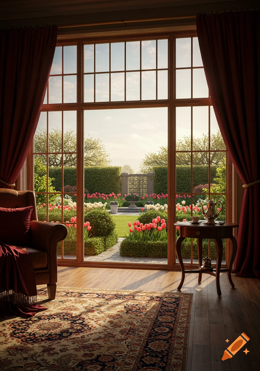 A grand window in a Victorian home overlooking a vibrant garden filled with blooming tulips and manicured hedges.