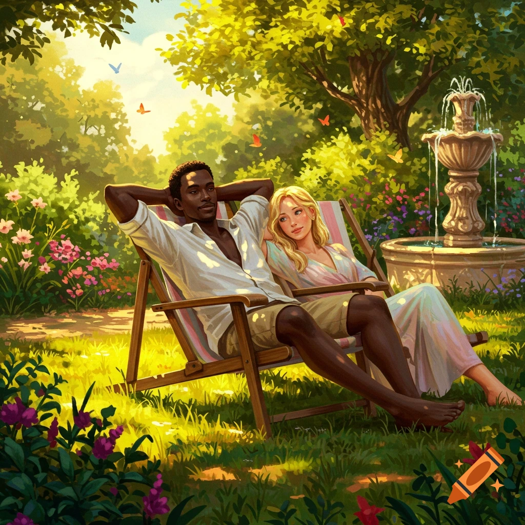 A Black man and a blonde woman relax in lawn chairs in a vibrant, sunny garden with a fountain, in an illustrated style.