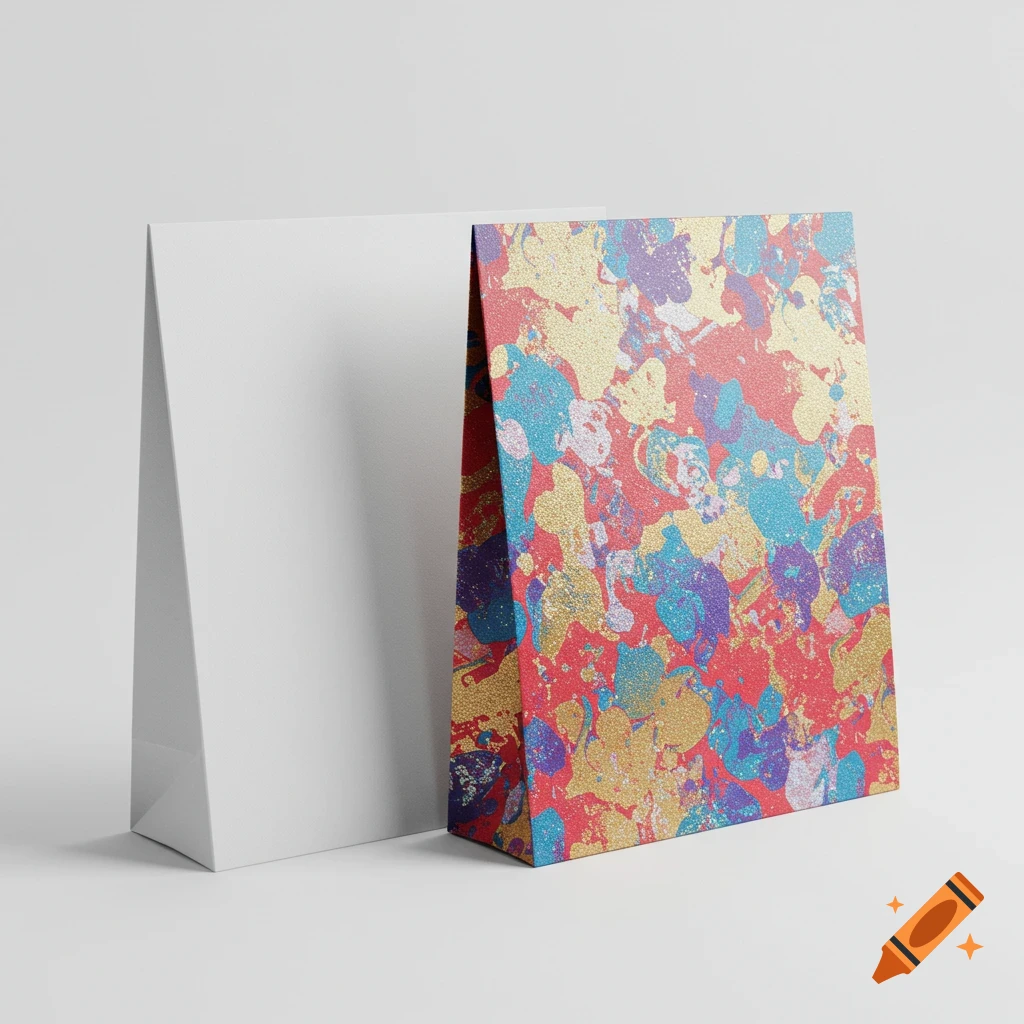 Two product packaging bags, one white and one with a colorful splatter design, standing side by side on a white background.