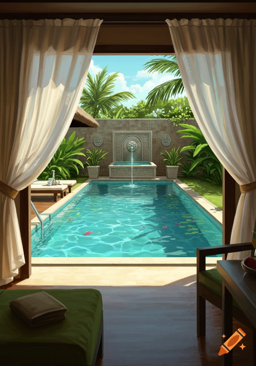Illustration of a hotel room opening to a private swimming pool with a fountain in a tropical garden.