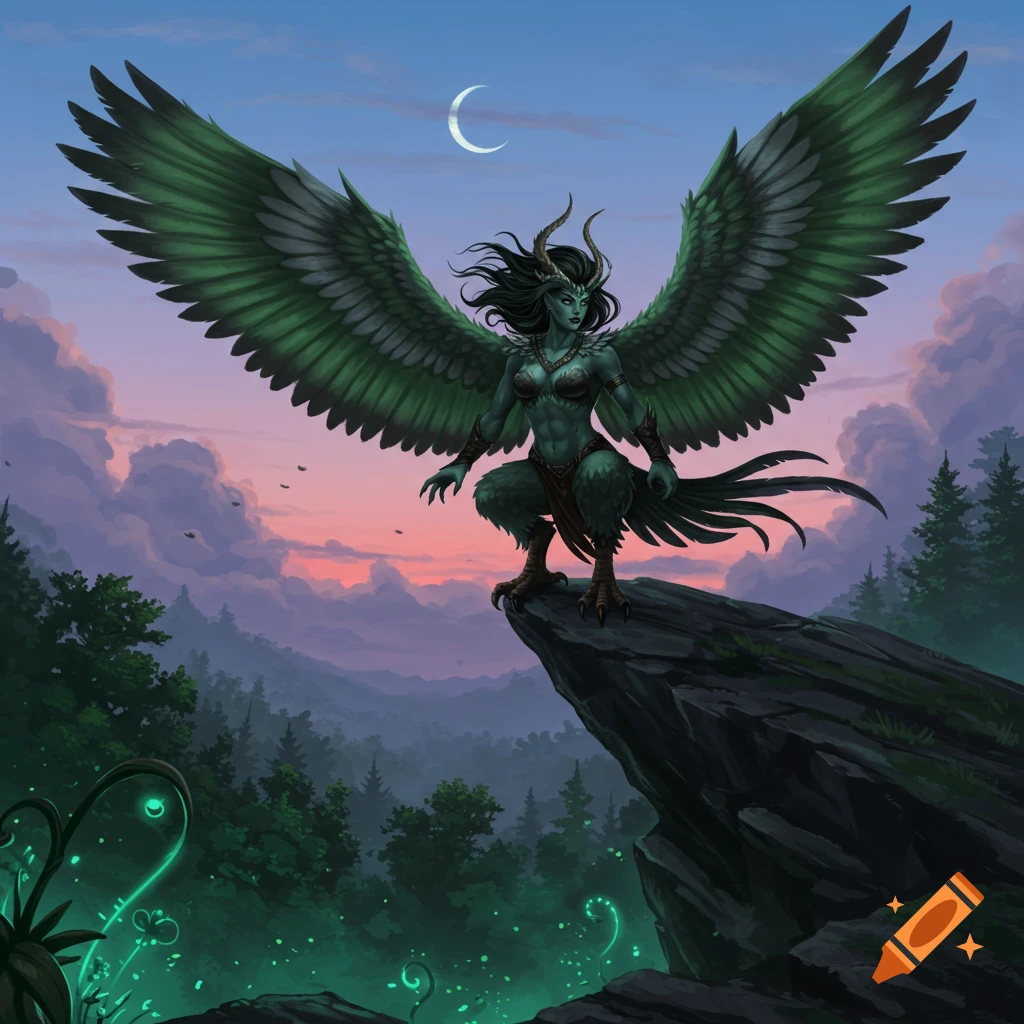 A green-feathered harpy with horns and a barbarian-like figure perches on a cliff overlooking a forest with glowing plants at sunset.