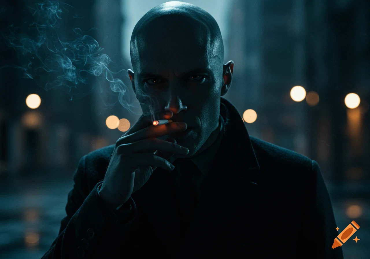 A bald man with a cold expression smokes a cigarette in a moody, low-lit urban setting with blurred lights.