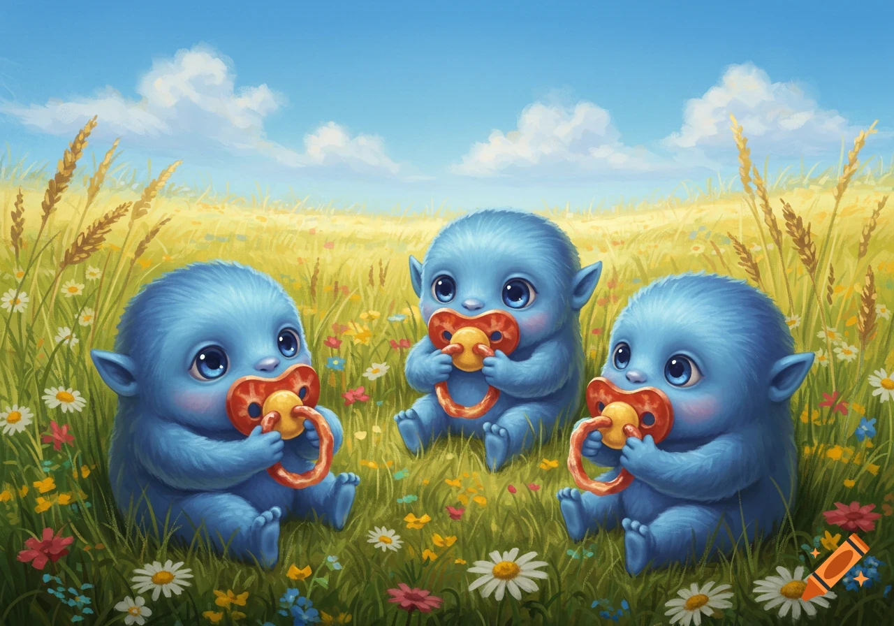 Three adorable blue furry creatures with big eyes sit in a field of colorful flowers, holding pacifiers that resemble bacon.