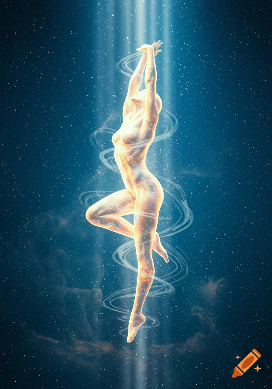 A glowing human figure stands with arms raised amidst light beams and a starry blue cosmic background.