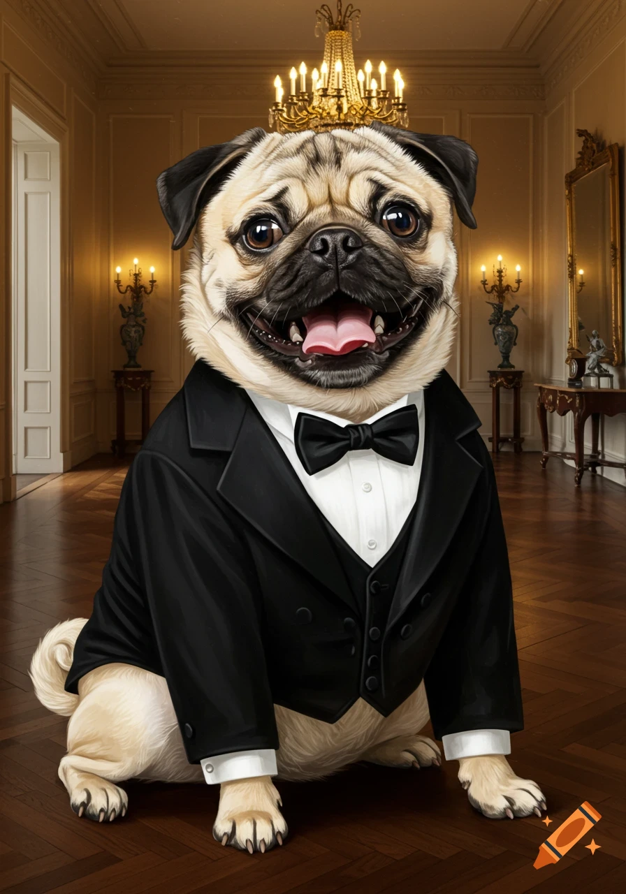 A photorealistic image of a happy pug dog in a black tuxedo with its tongue out, sitting in a fancy room with a chandelier.