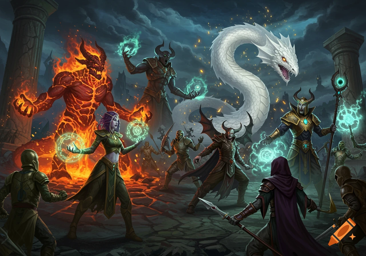 An epic fantasy battle featuring a fiery demon, a white dragon, spellcasters, and warriors amidst ancient ruins under a stormy sky.