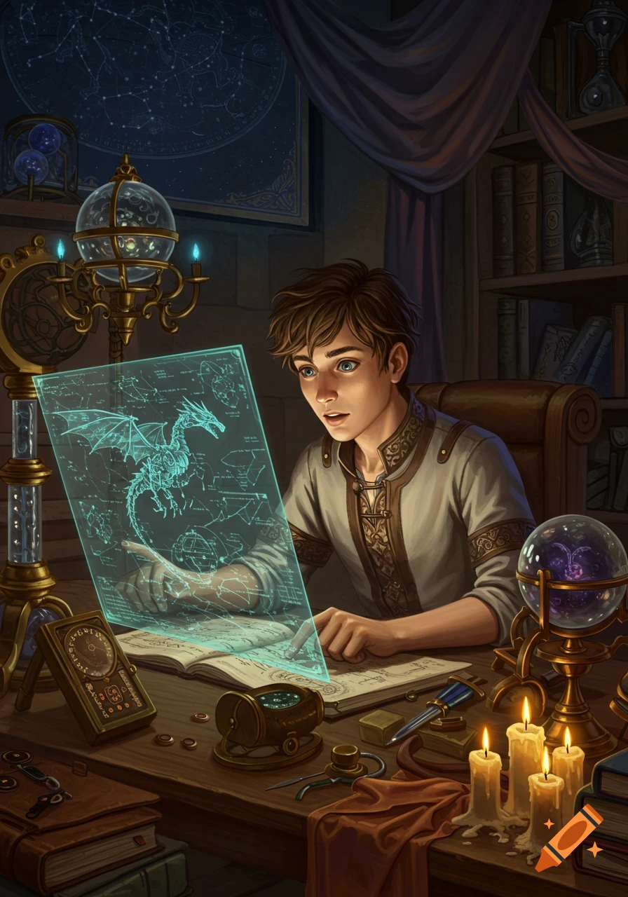 A young man with brown hair and blue eyes looks intently at a glowing holographic blueprint of a dragon. He sits at a desk surrounded by books, candles, and mystical scientific instruments in a dimly lit room.