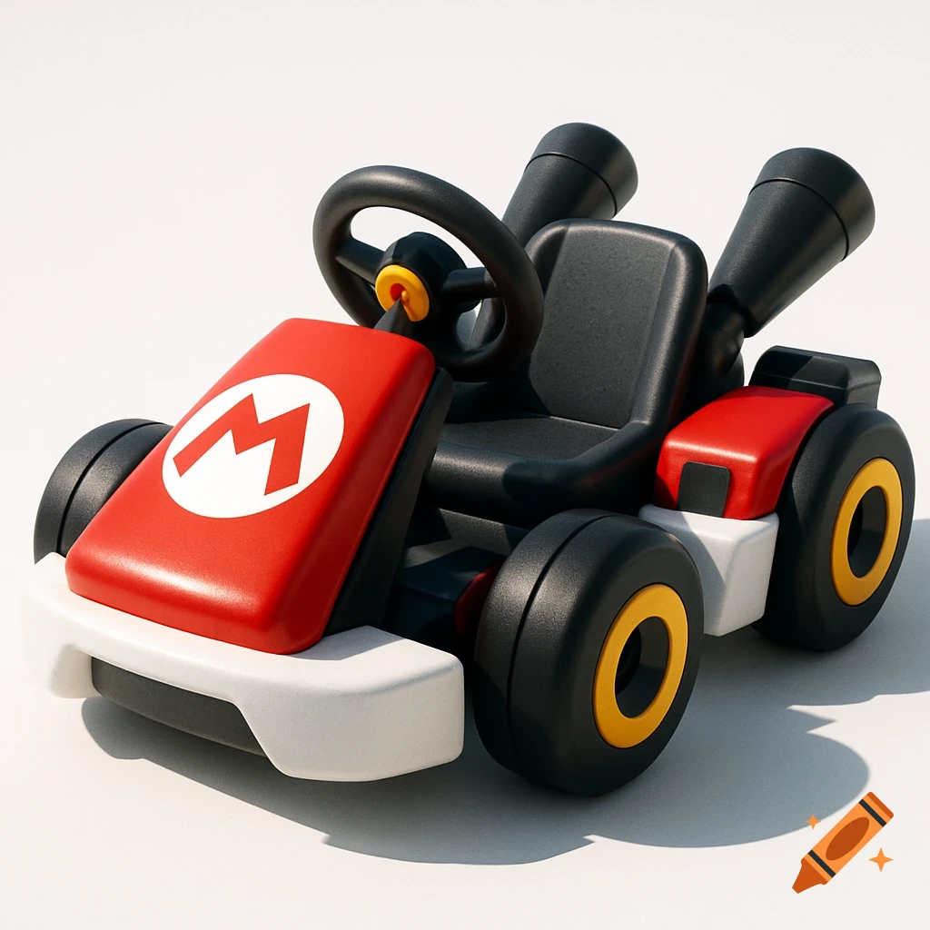 A 3D-rendered toy-style Mario Kart vehicle, red with a white 'M' logo, black and yellow wheels, and a black seat, on a white background.