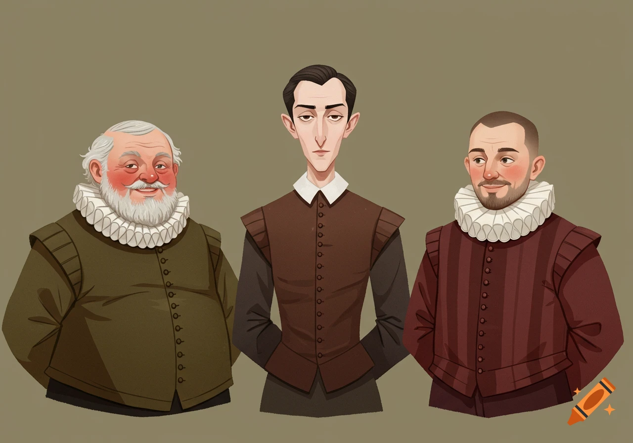 Three stylized male characters in 17th-century attire with ruffled ruffs. One stout with a white beard and a grin, another thin with a stern expression, and the third with a short beard looks amused.