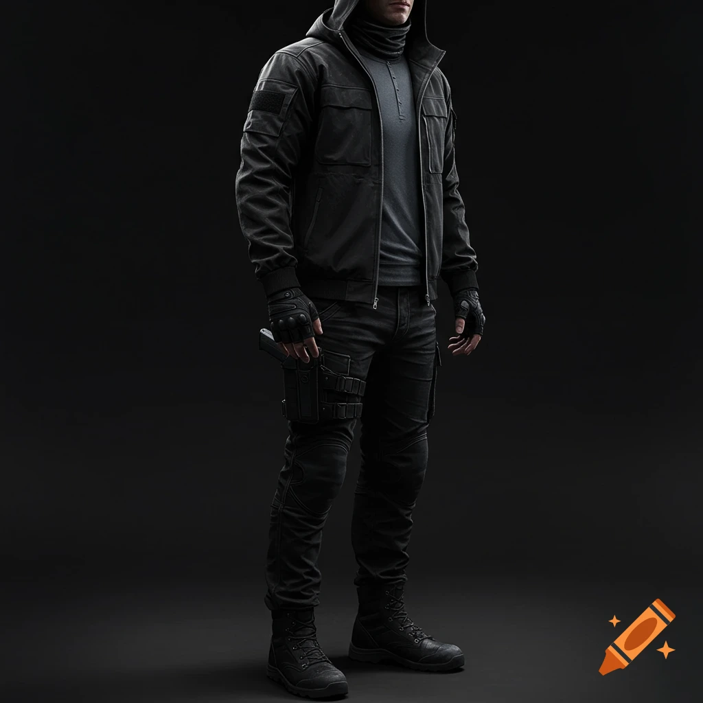 Person in black hooded tactical jacket, dark pants, and boots, with a holstered sidearm, standing against a dark background.