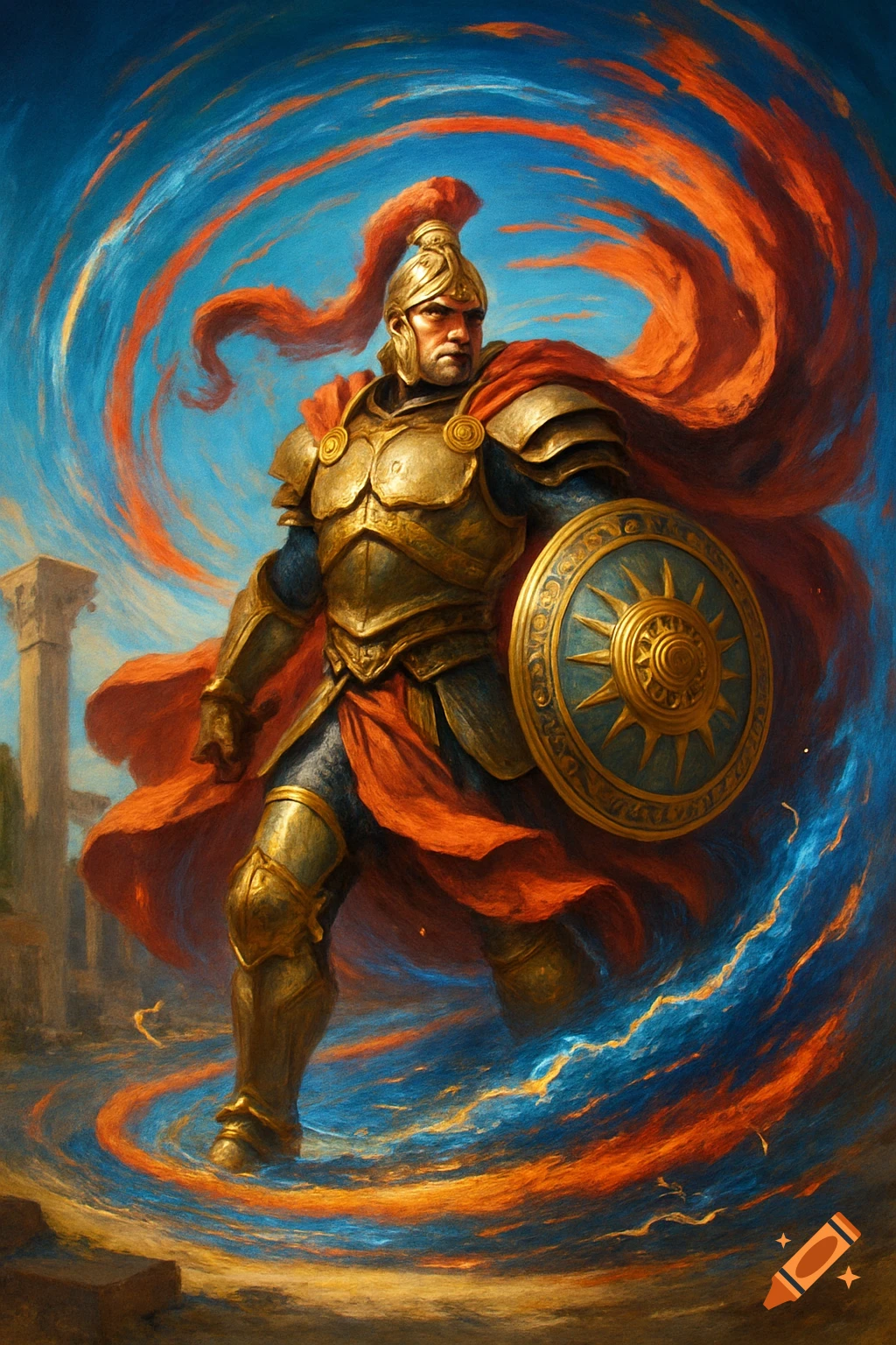 A powerful armored warrior in golden armor and a red cape holds a shield, surrounded by swirling blue and orange energy in a painterly style.