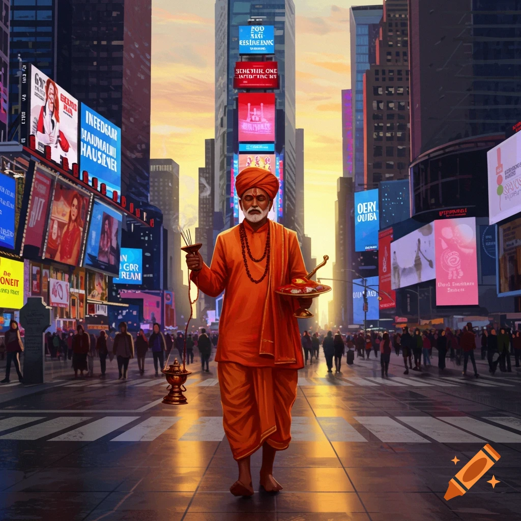 A man in orange robes and a turban, an Indian pandit, walks through a busy city square filled with tall buildings and illuminated billboards, carrying religious items.
