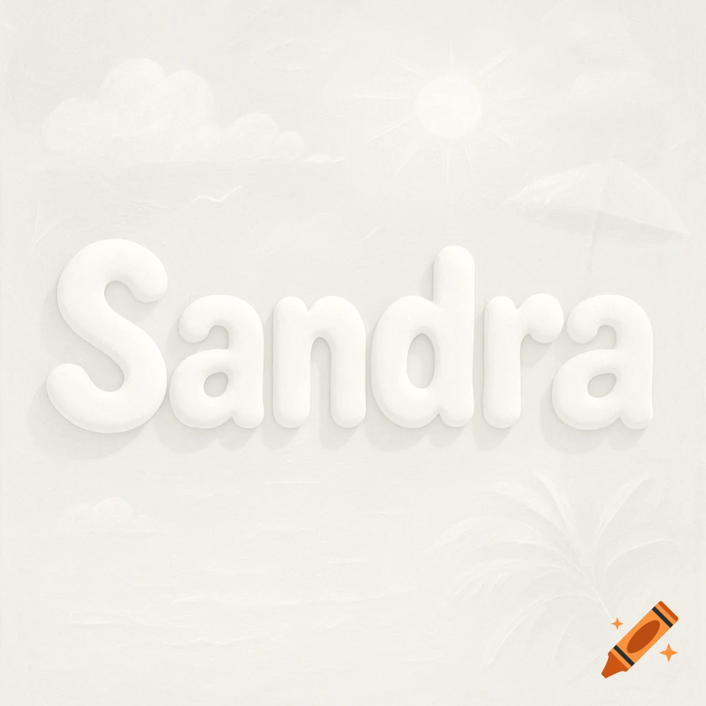 The name Sandra in white 3D bubble letters on a subtle white summer background with clouds, sun, and a palm.