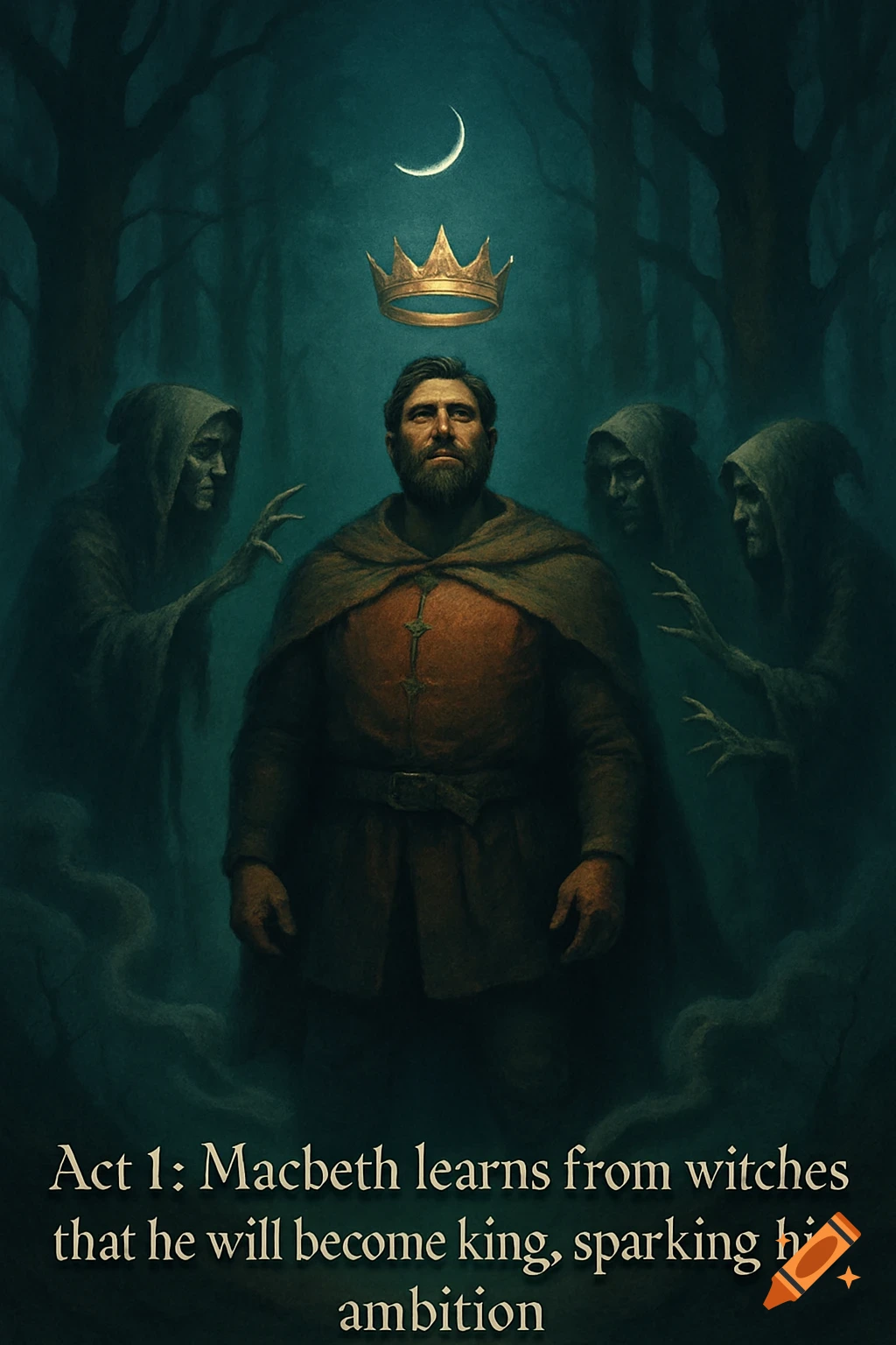 Dramatic illustration of Macbeth looking at a floating crown, surrounded by three cloaked witches in a dark forest under a crescent moon.