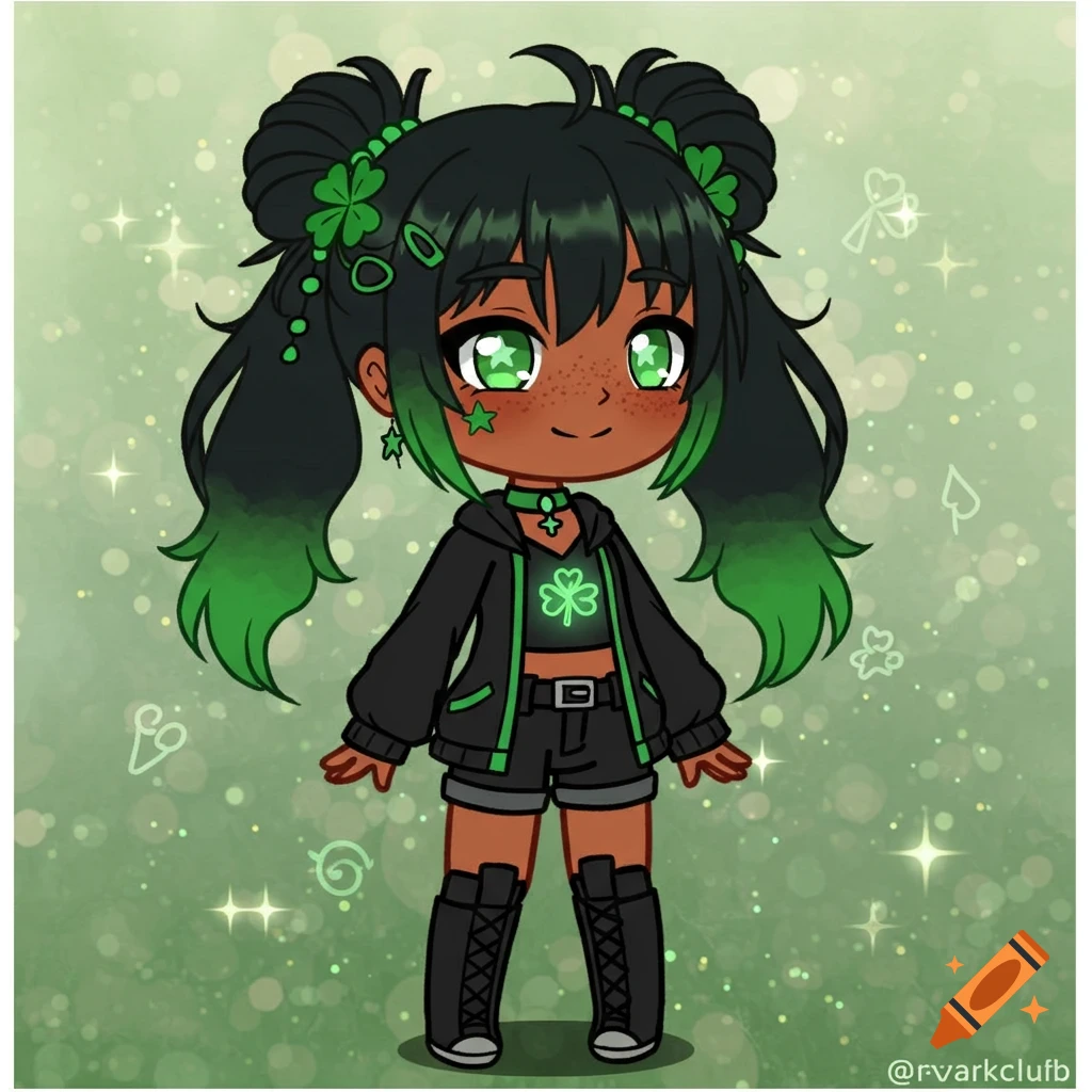 A cute anime-style girl with dark hair and green accents, green eyes, freckles, and a black and green outfit, standing against a sparkling green background.